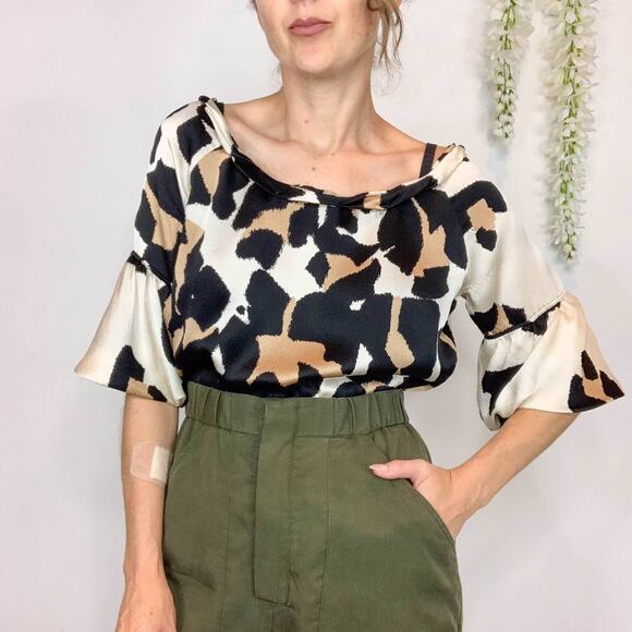 ROBERTO CAVALLI satin silk animal print top balloon flared sleeve y2k 90s - Picture 2 of 13